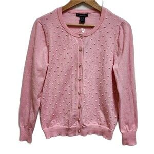 Emerson & Zoe Sweater Womens M Pink Knit Swiss Dot Pearl Button Cottagecore Soft